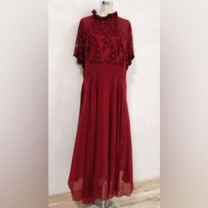 Elegant Mesh Hem Evening Burgundy Dress